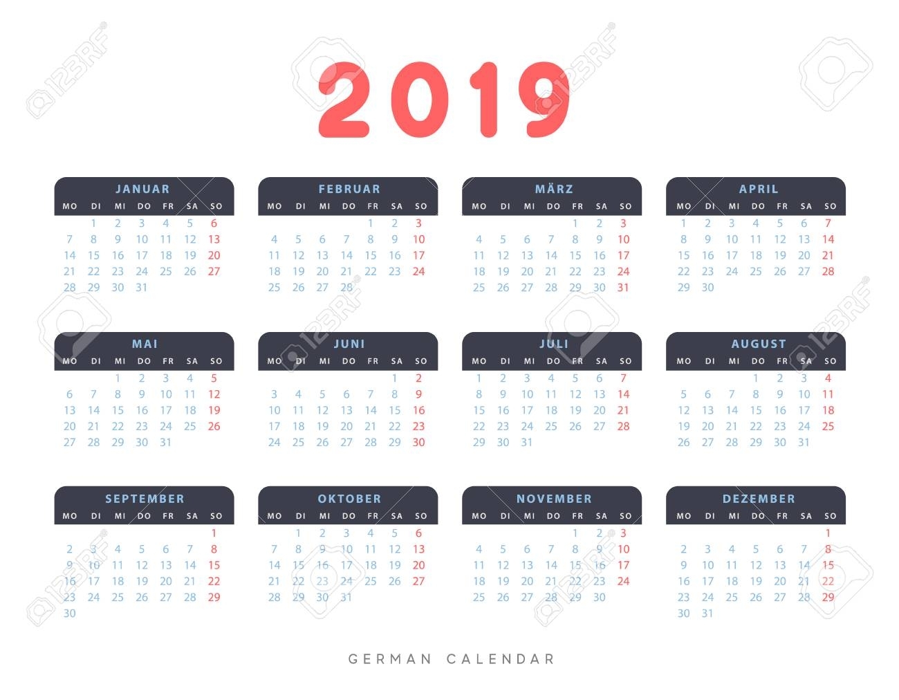 Simple Germany Calendar For 2019 Years, Week Starts On Monday.
