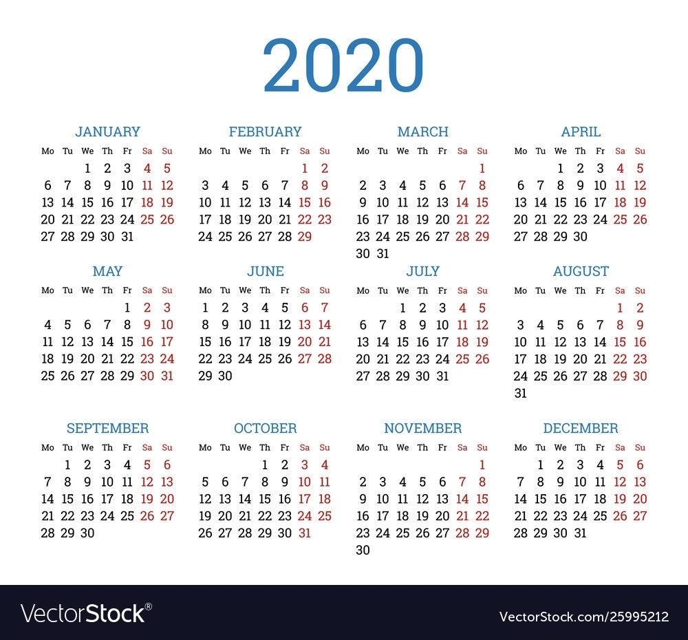 Simple Traditional Calendar Layout For 2020 Year