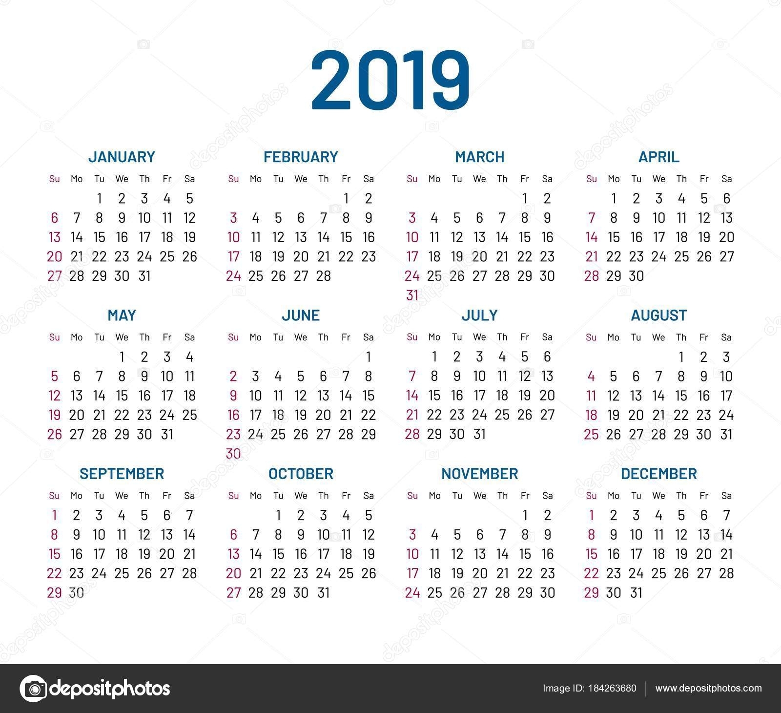 Simple Wall Calendar 2019 Year, Flat, Isolated — Stock