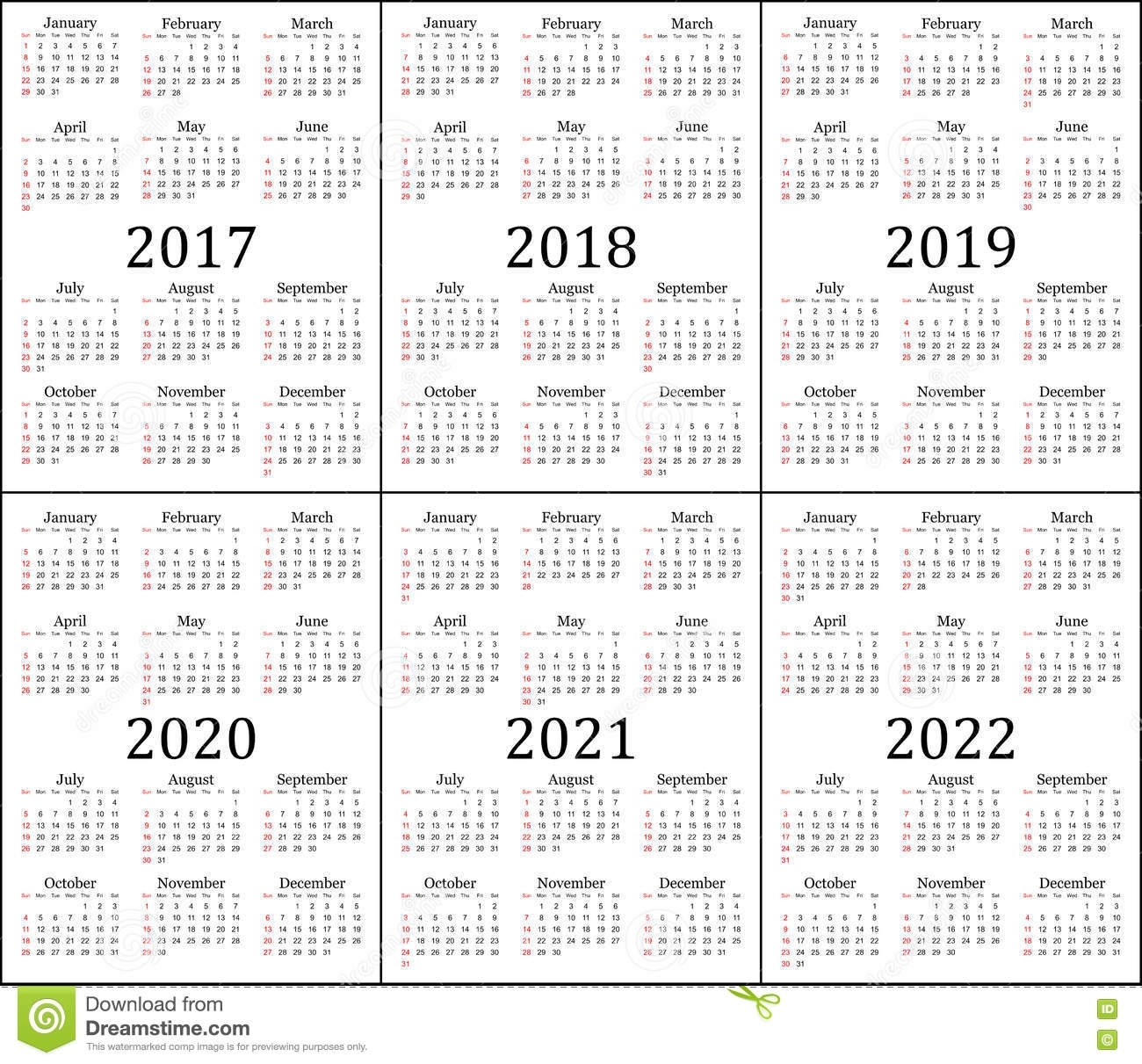 Six Year Calendar - 2017, 2018, 2019, 2020, 2021 And 2022