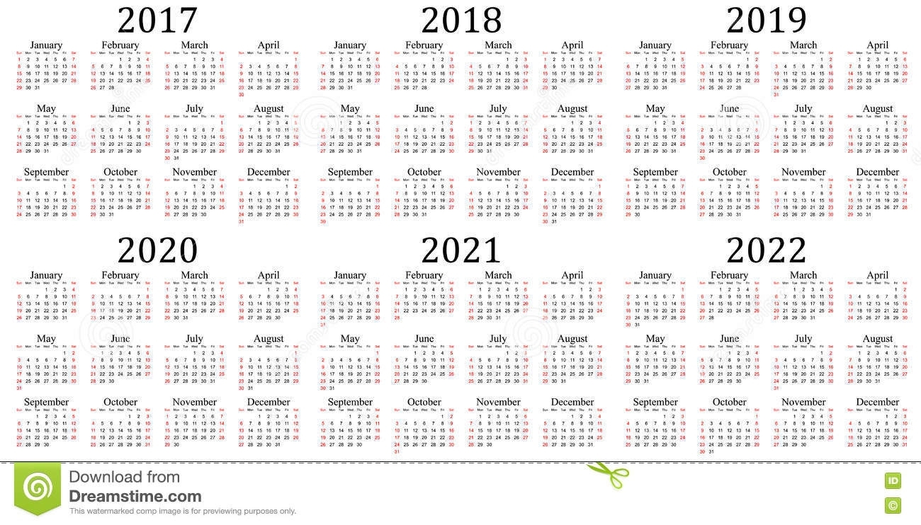 Six Year Calendar - 2017, 2018, 2019, 2020, 2021 And 2022