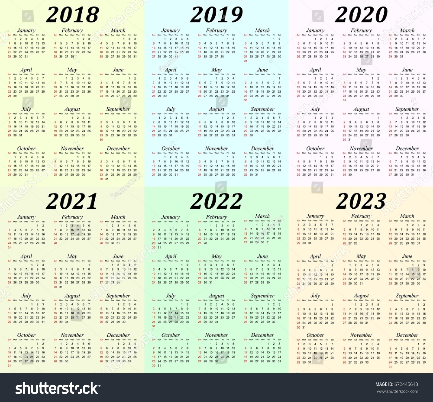 Six Year Calendar 2018 2019 2020 Stock Vector (Royalty Free