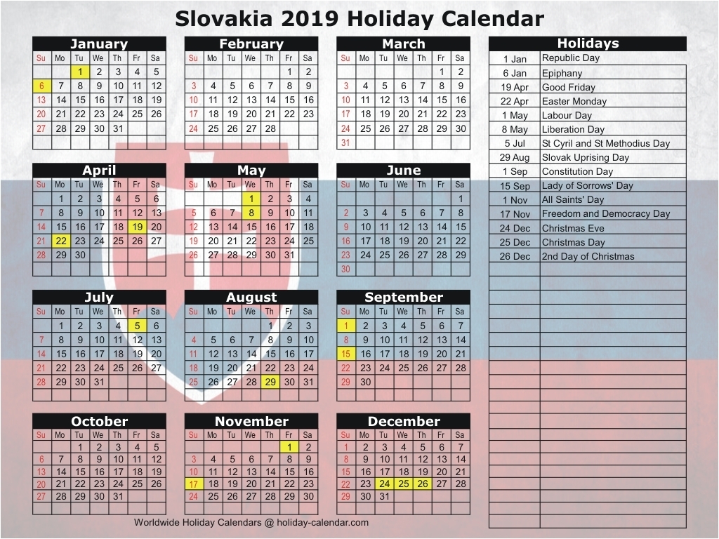 Slovakia 2019 / 2020 Holiday Calendar