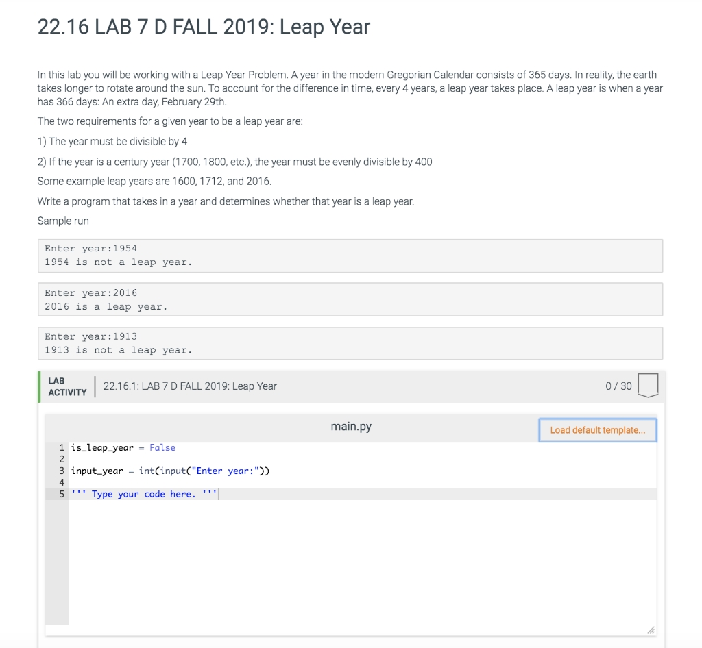 Solved: 22.16 Lab 7 D Fall 2019: Leap Year In This Lab You