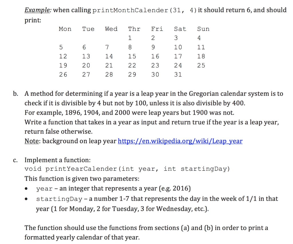 Solved: Implementing A Calendar Function In C++. We Can&#039;t