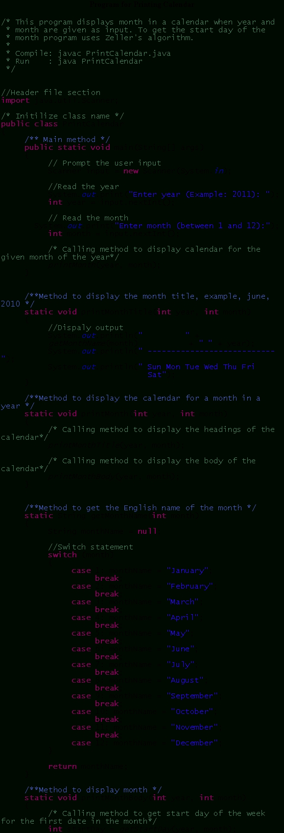 Solved: (Print Calendar) Programming Exercise Uses Zeller&#039;s