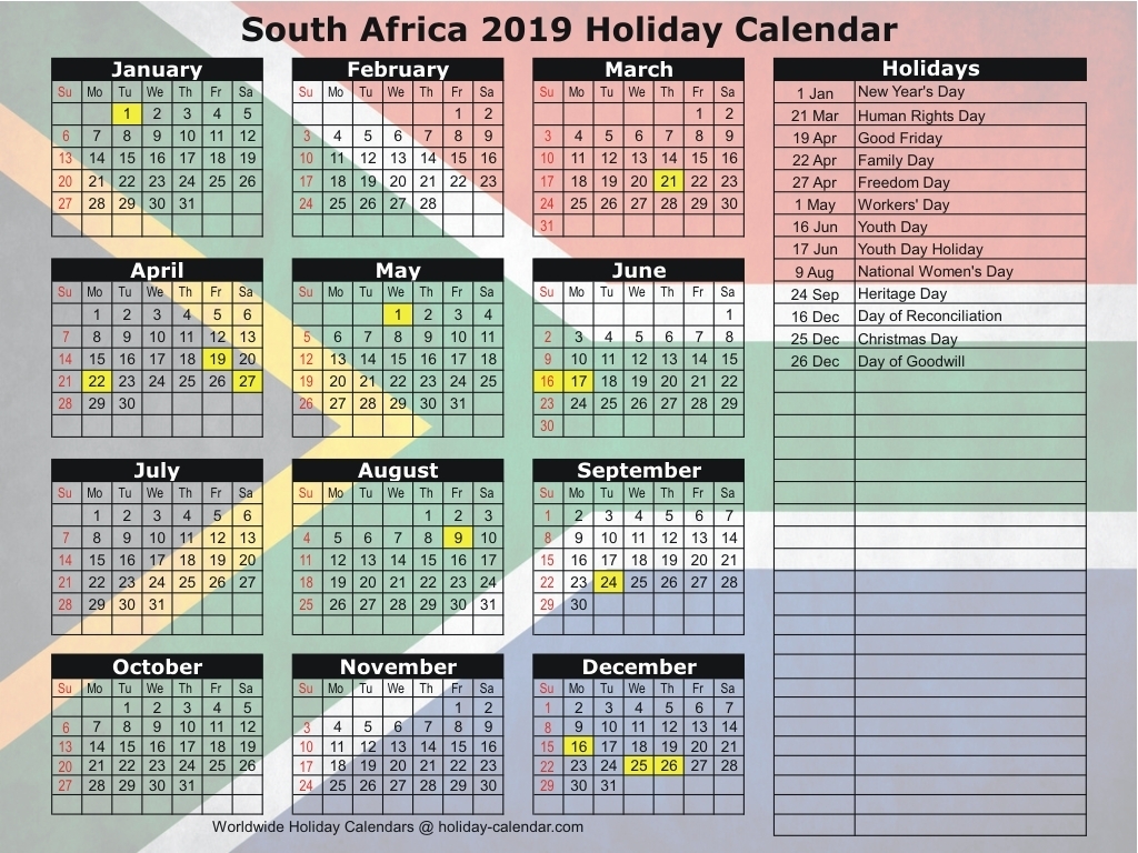 South Africa 2019 / 2020 Holiday Calendar