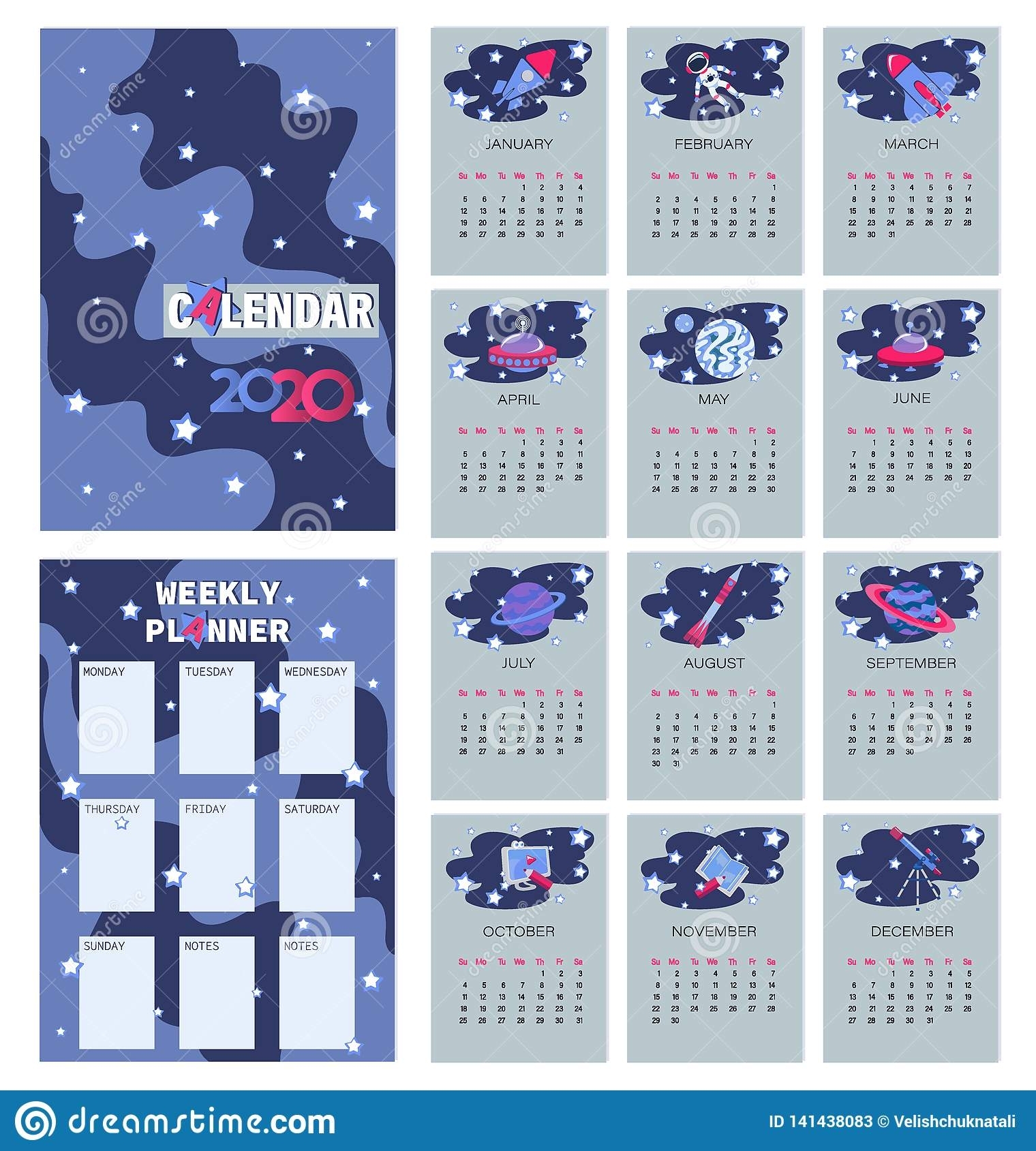 Space. Calendar Planner For 2020. Weekly Planner. Stock