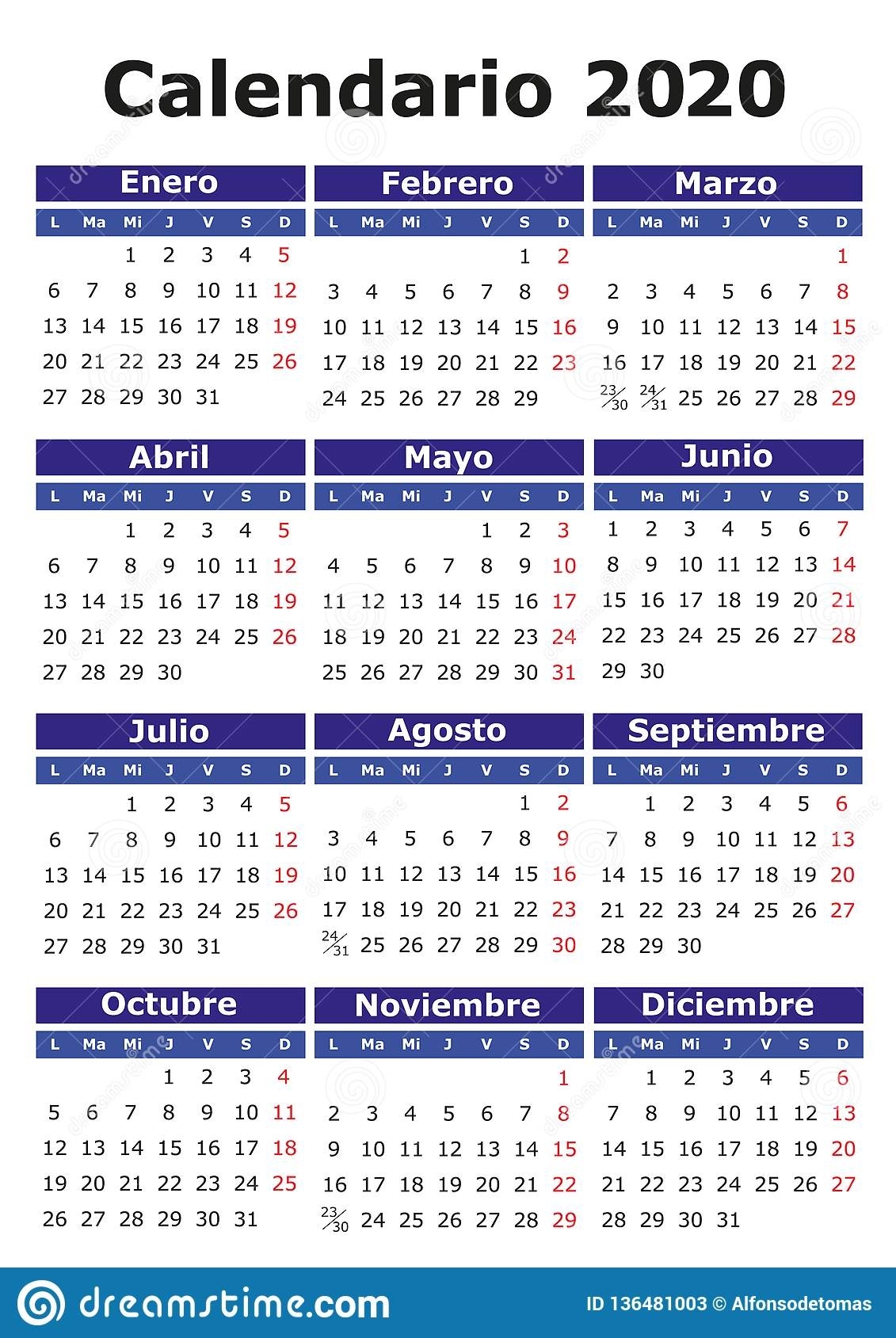 Spanish Calendar 2020 Stock Vector. Illustration Of July
