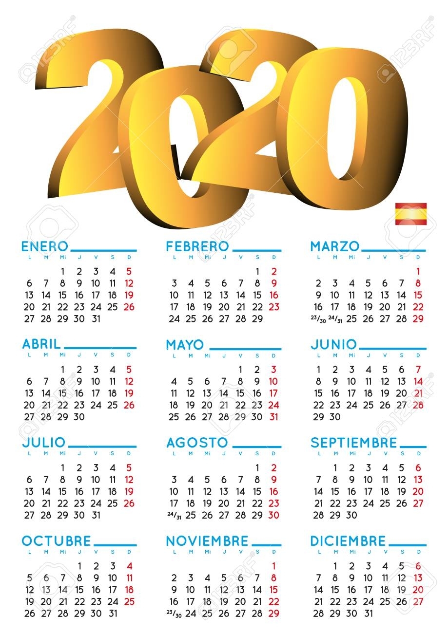 Spanish Calendar 2020. Year 2020 Calendar. Calendar 2020. Calendario..