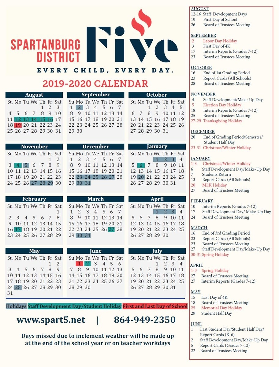 Spartanburg District 7 Calendar 2020 Month Calendar Printable