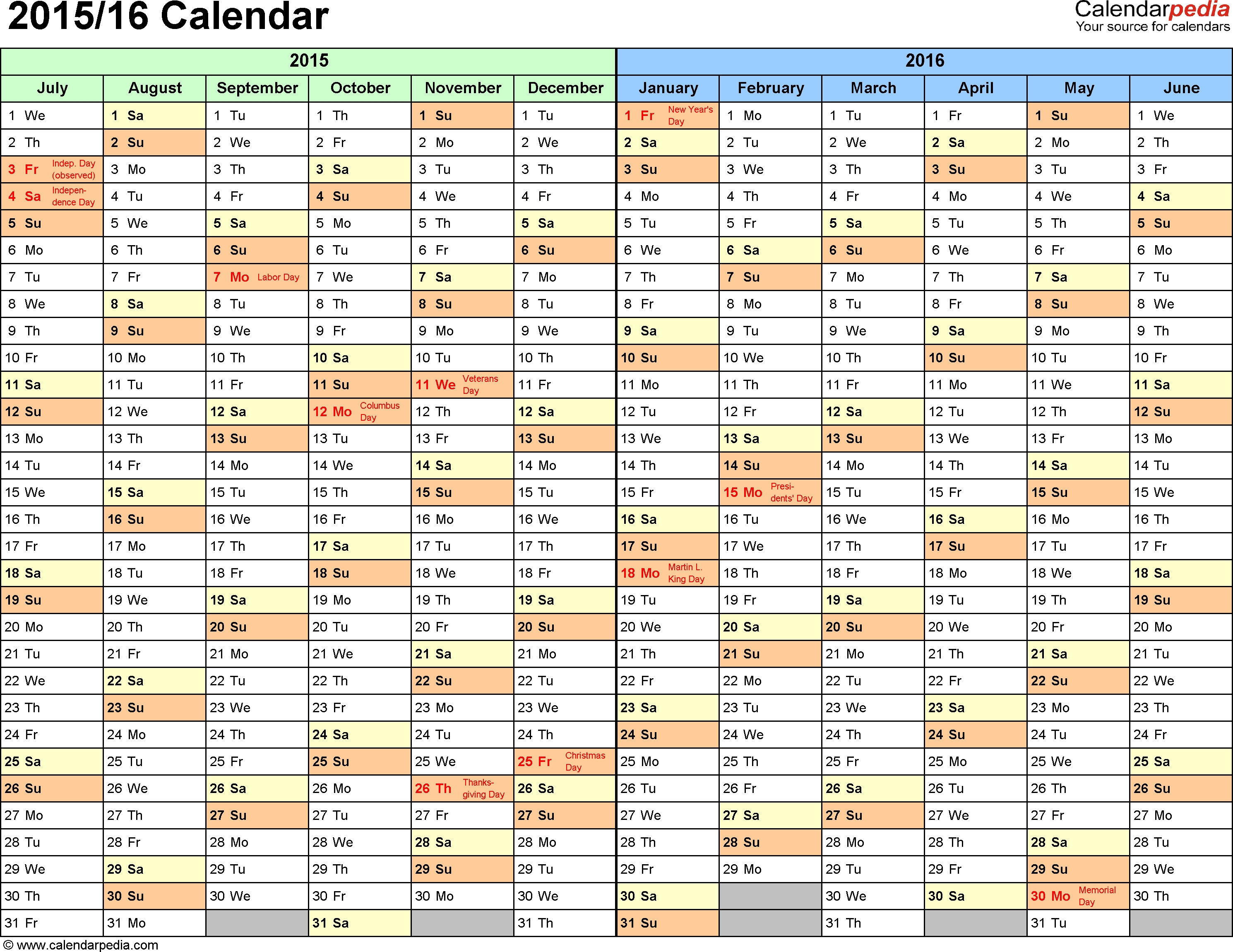 Split Year Calendars 2015/2016 (July To June) - Excel Templates