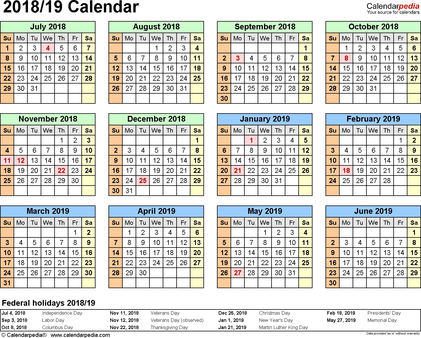 Split Year Calendars 2018/2019 (July To June) - Pdf Templates