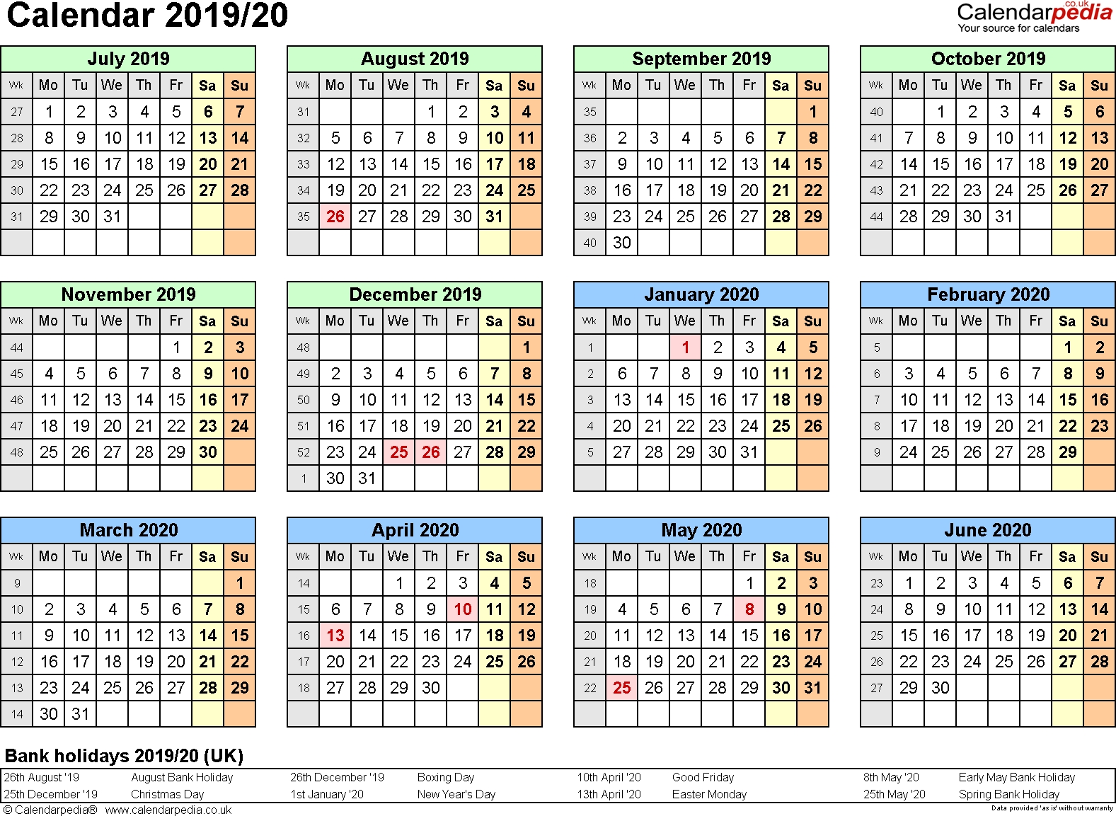 Split Year Calendars 2019/20 (July To June) For Excel (Uk