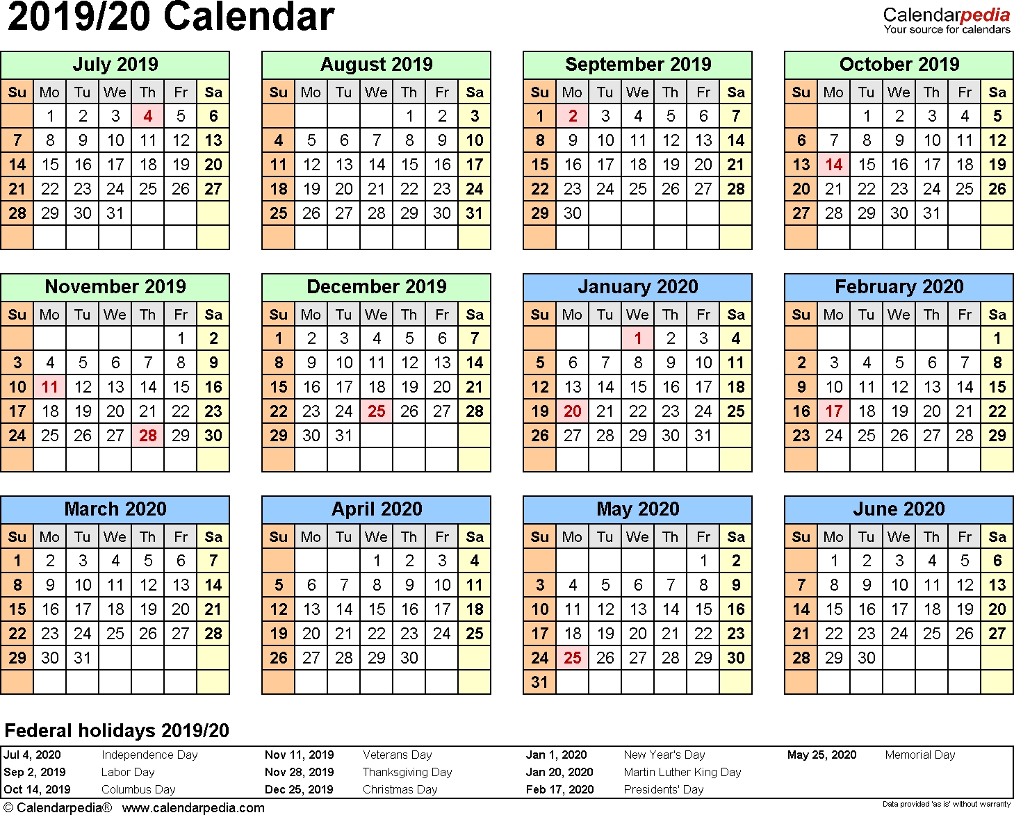 Split Year Calendars 2019/2020 (July To June) - Word Templates