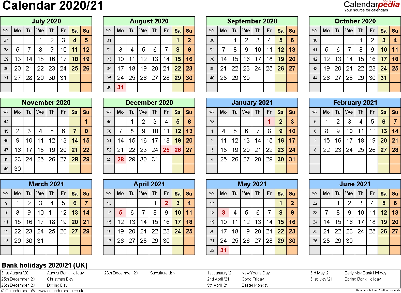 Split Year Calendars 2020/21 (July To June) For Word (Uk