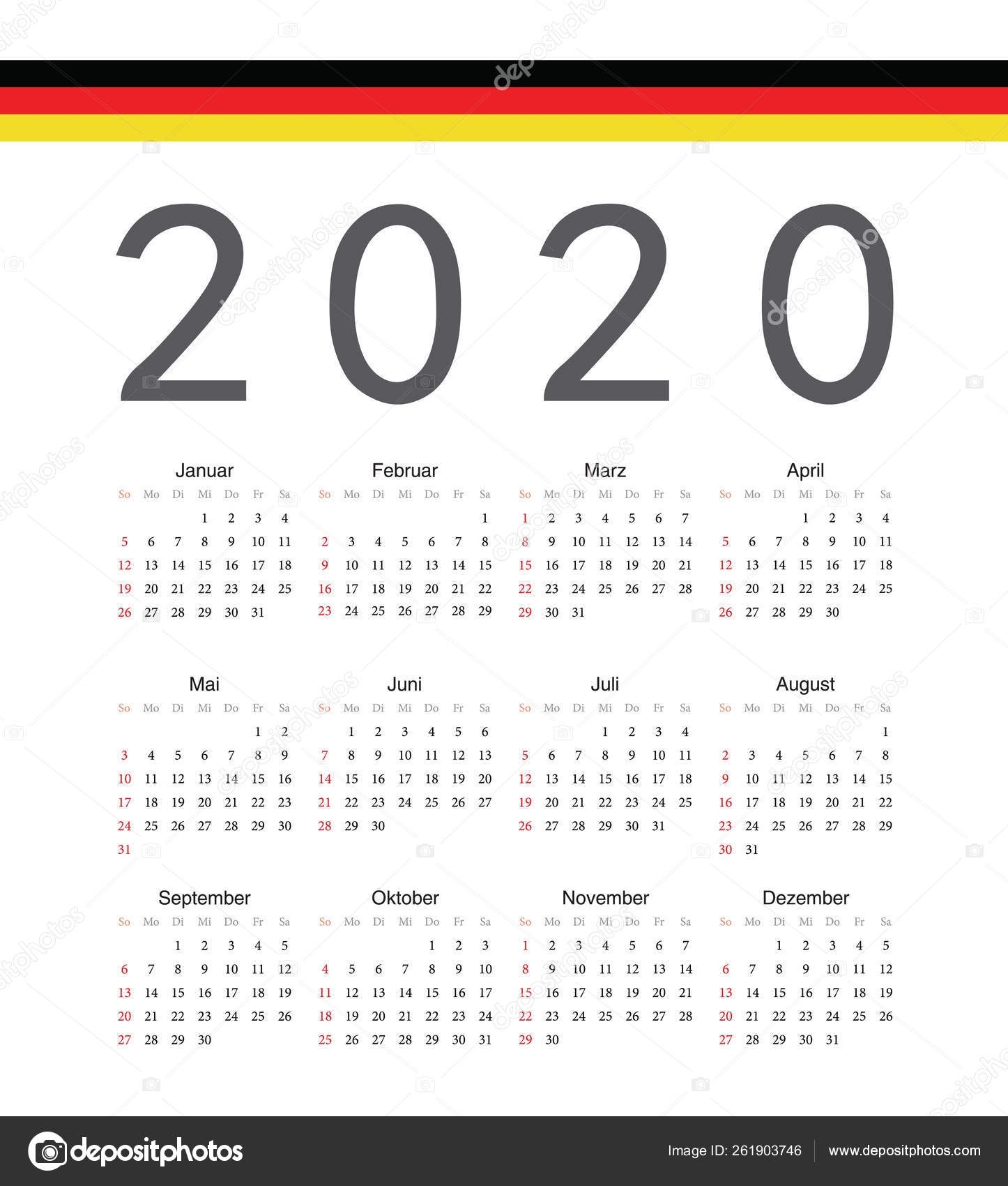 Square German 2020 Year Vector Calendar. — Stock Vector