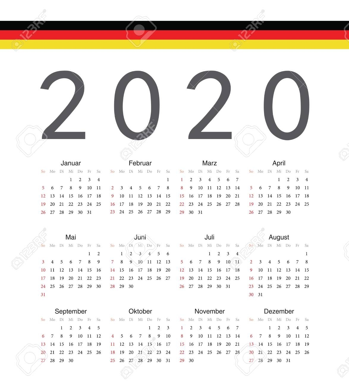 Square German 2020 Year Vector Calendar. Week Starts From Sunday.