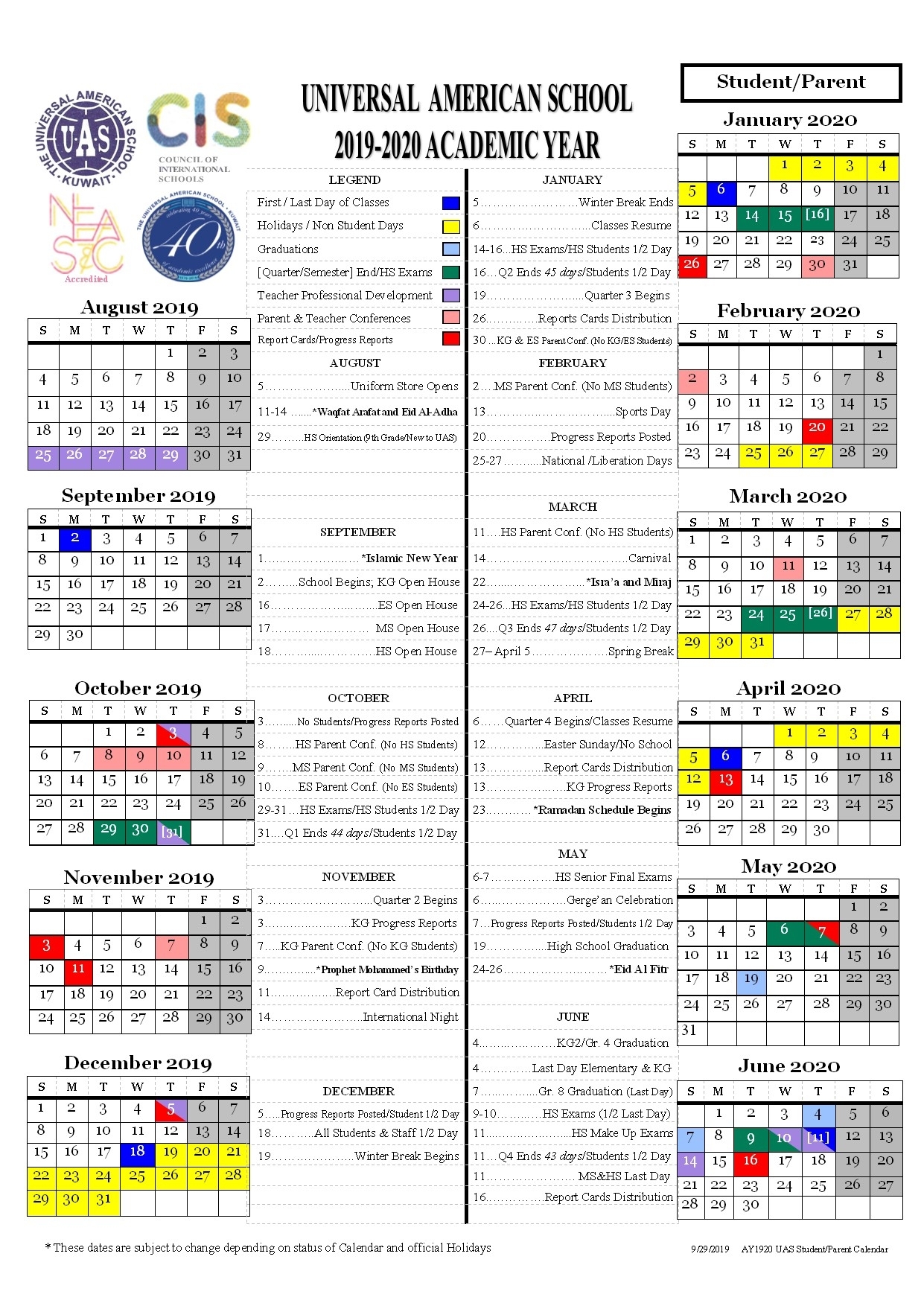 Students Calendar 2019-2020 - Universal American School