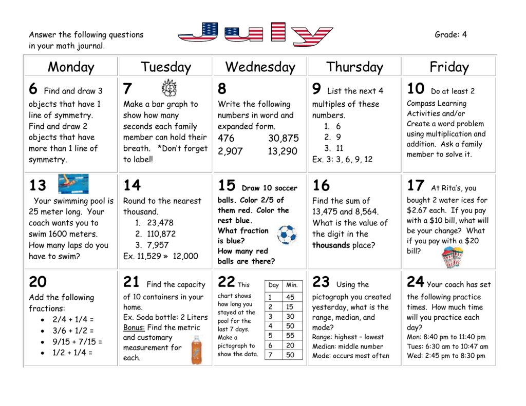 Summer Grade 4 Math Calendar