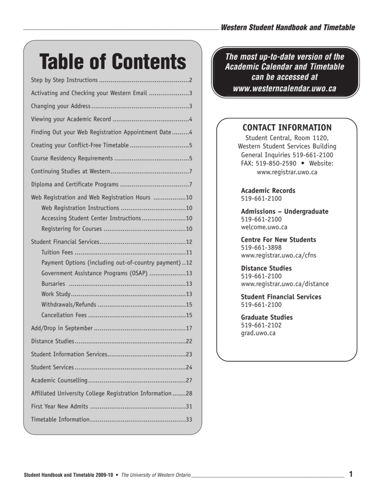 Table Of Contents - Academic Calendar