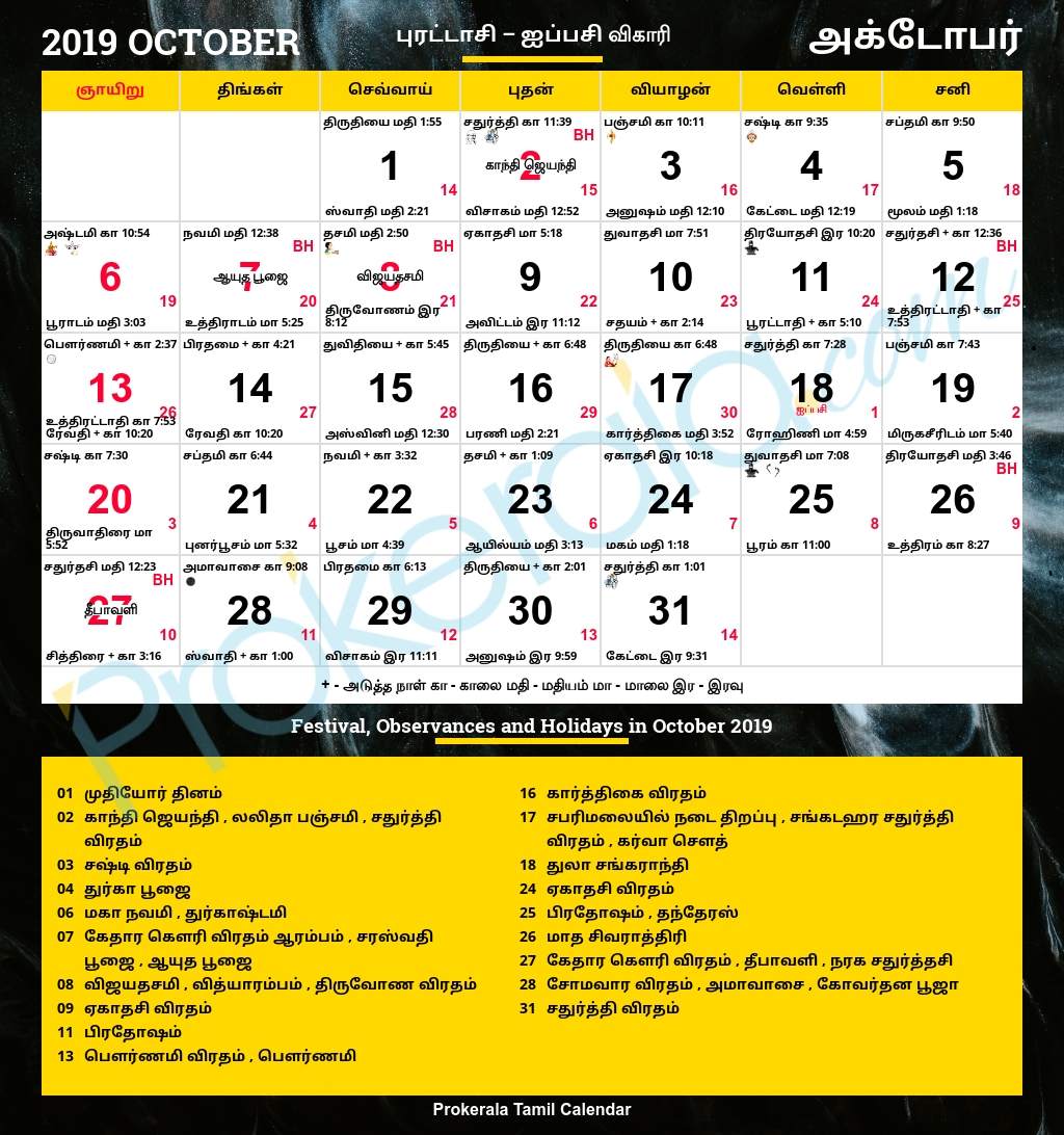 Tamil Calendar 2019, October