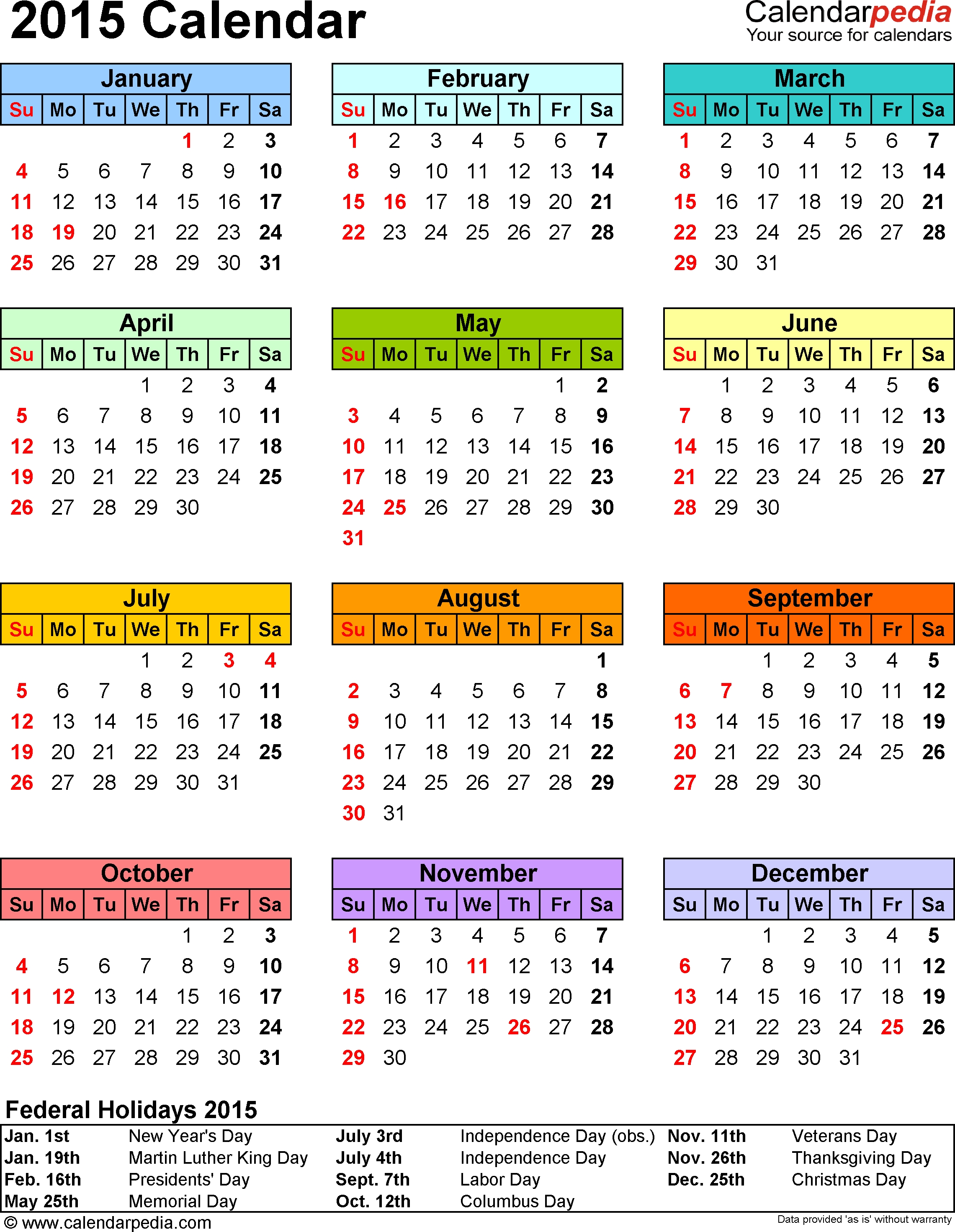 Template 13: 2015 Calendar For Pdf,1 Page, Portrait