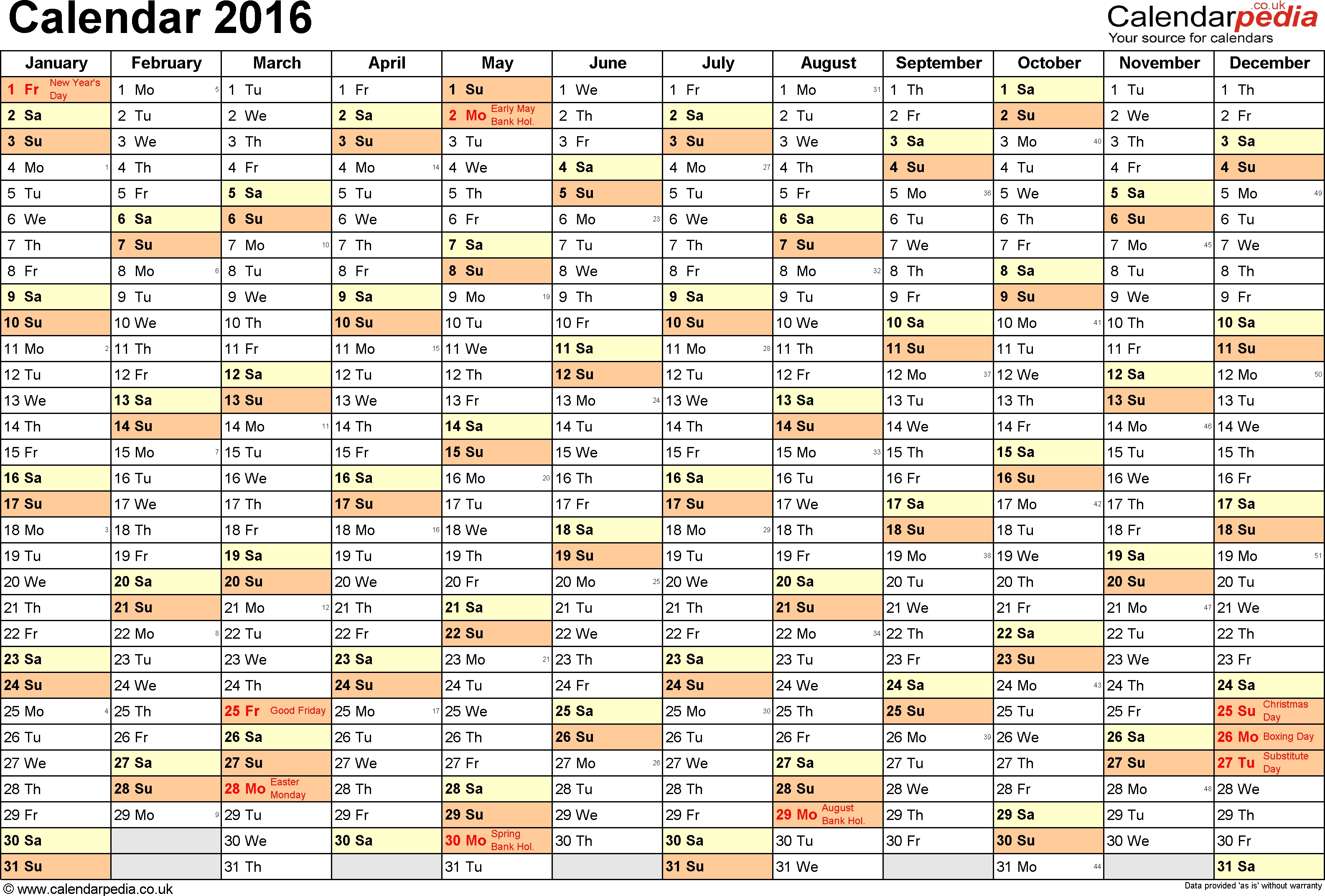 Template 2: Yearly Calendar 2016 As Pdf Template, Landscape