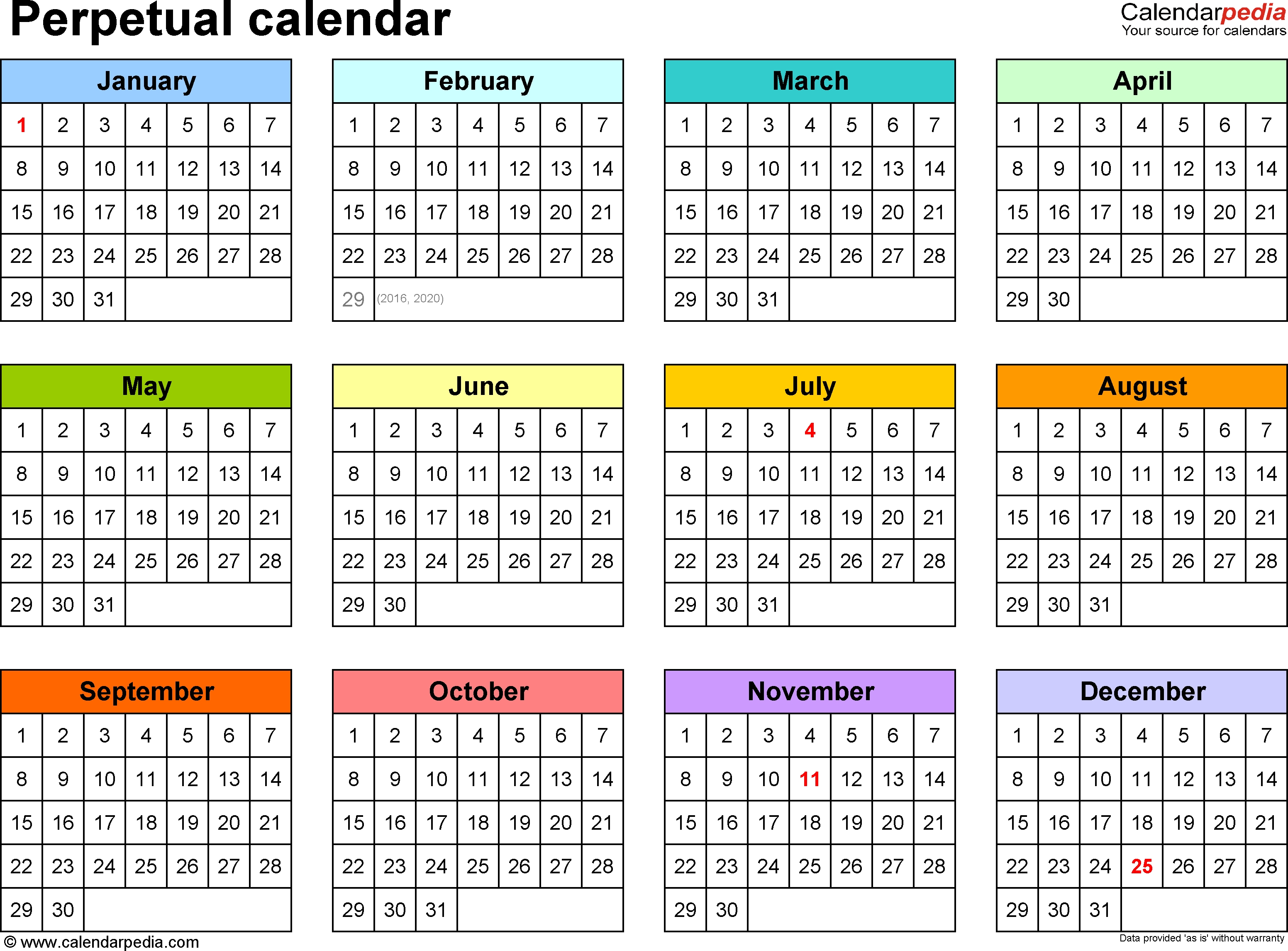 Template 5: Pdf Template For Perpetual Calendar (Landscape