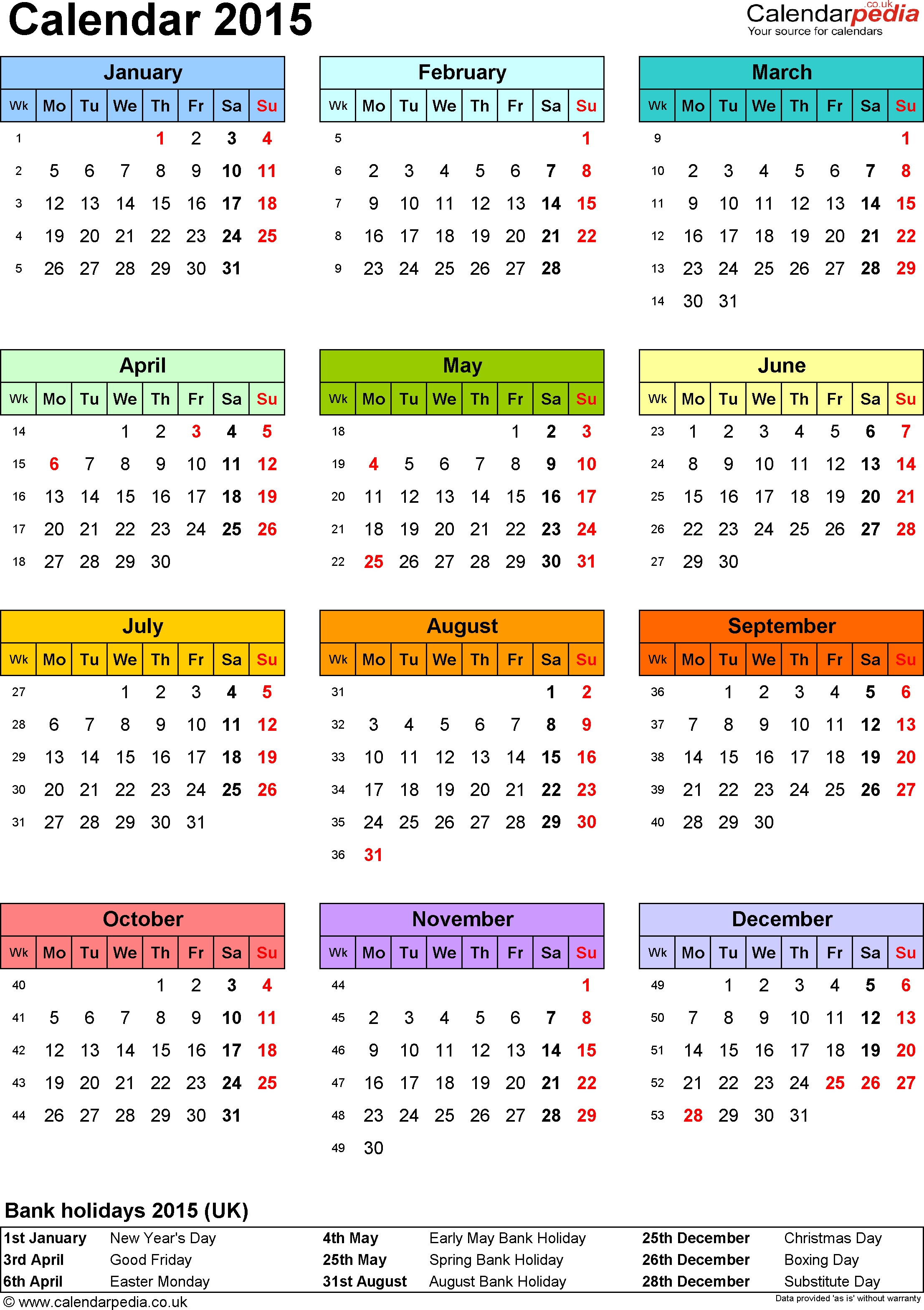 Template 9: Yearly Calendar 2015 As Pdf Template, Portrait