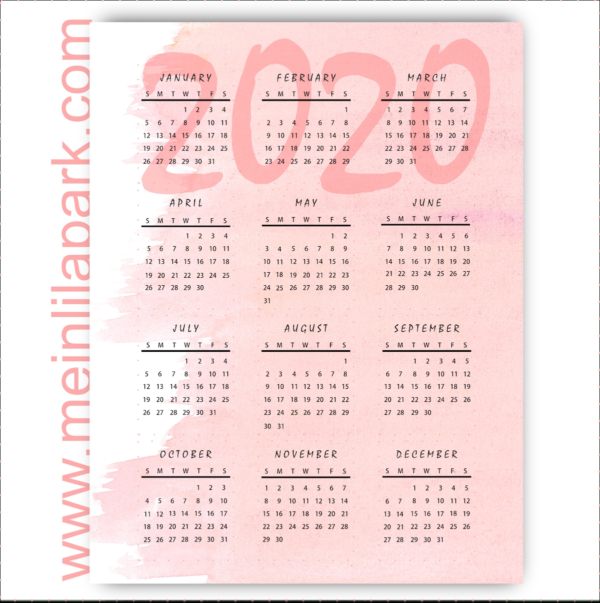 Thinking Ahead: Printable 2020 Calendar In Pink Marshmallow