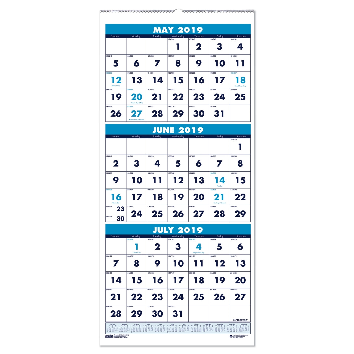 Three-Month Academic Wall Calendar, 8 X 17, 14-Month (June-July), 2019-2020