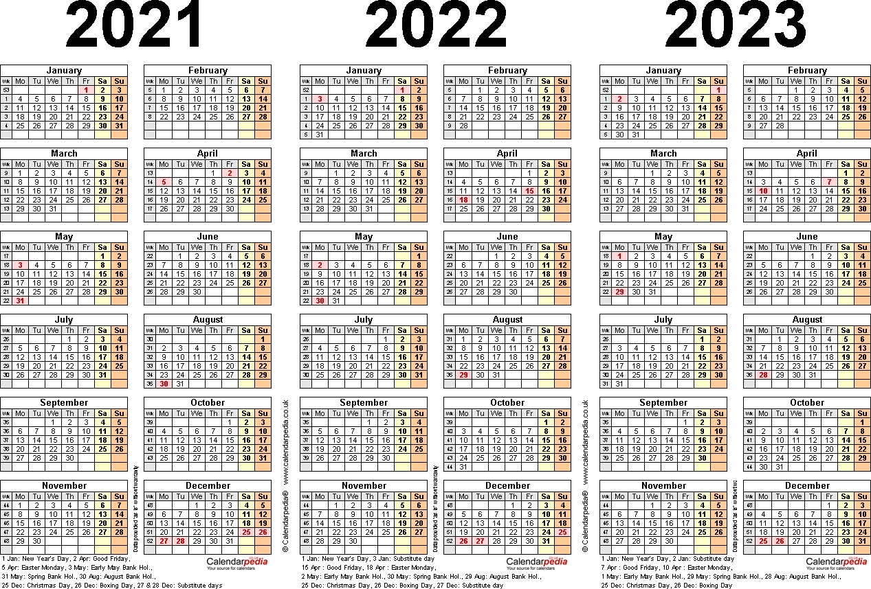 Three Year Calendars For 2021, 2022 &amp; 2023 (Uk) For Excel