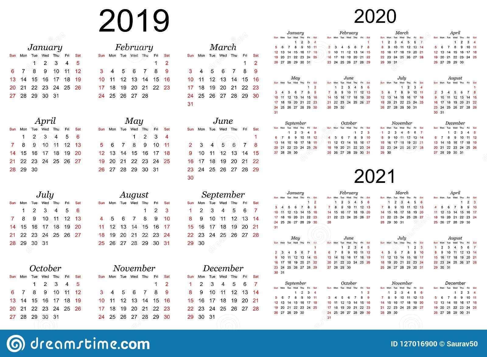 Three Year Vector Calendar - 2019, 2020 And 2021 Stock