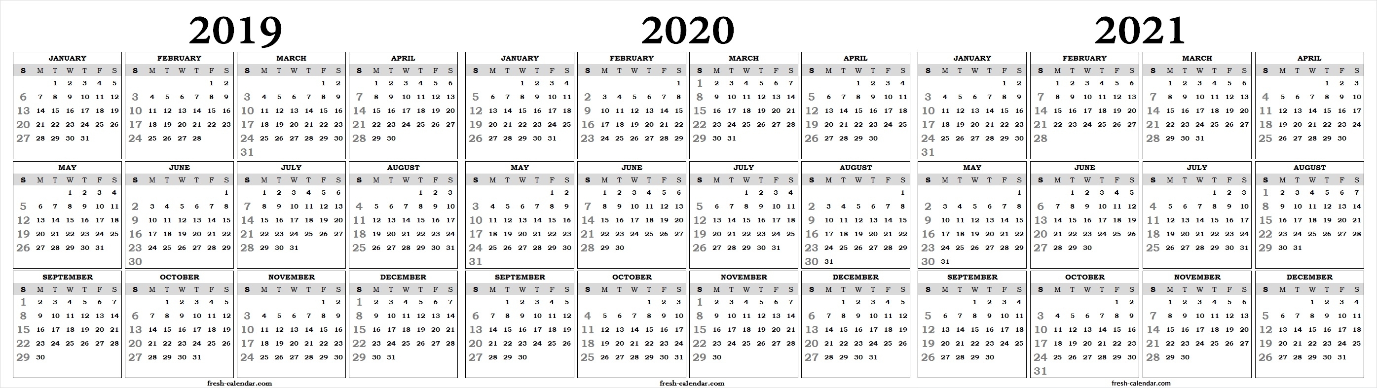 Three Yearly 2019 2020 2021 Calendar Printable Free | Blank