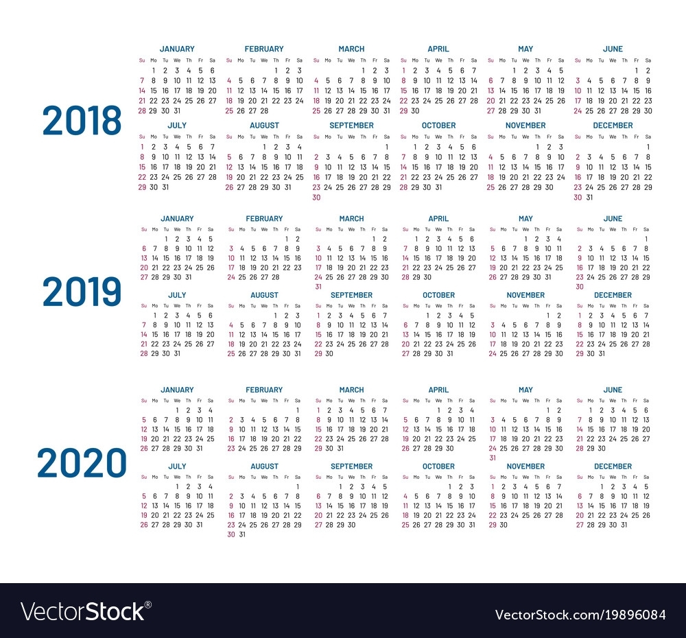 Three Years Calendar 2018 2019 2020 Isolated