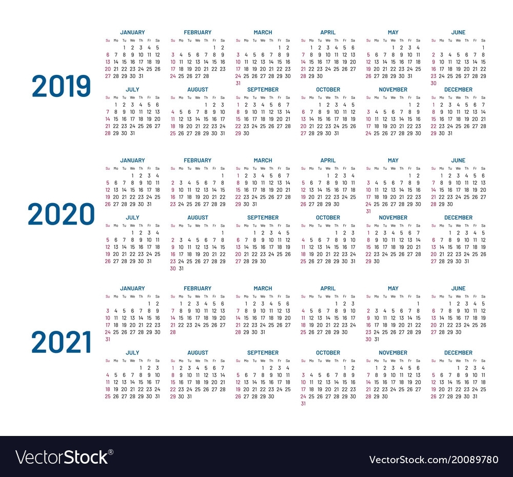 Three Years Calendar 2019 2020 2021 Isolated