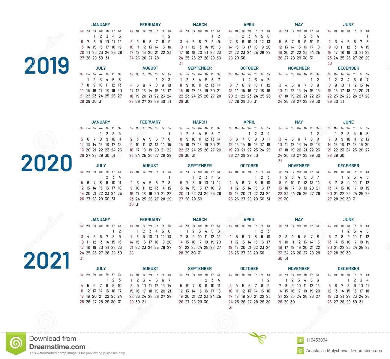 Three Years Calendar, 2019, 2020, 2021, Isolated, Flat Stock