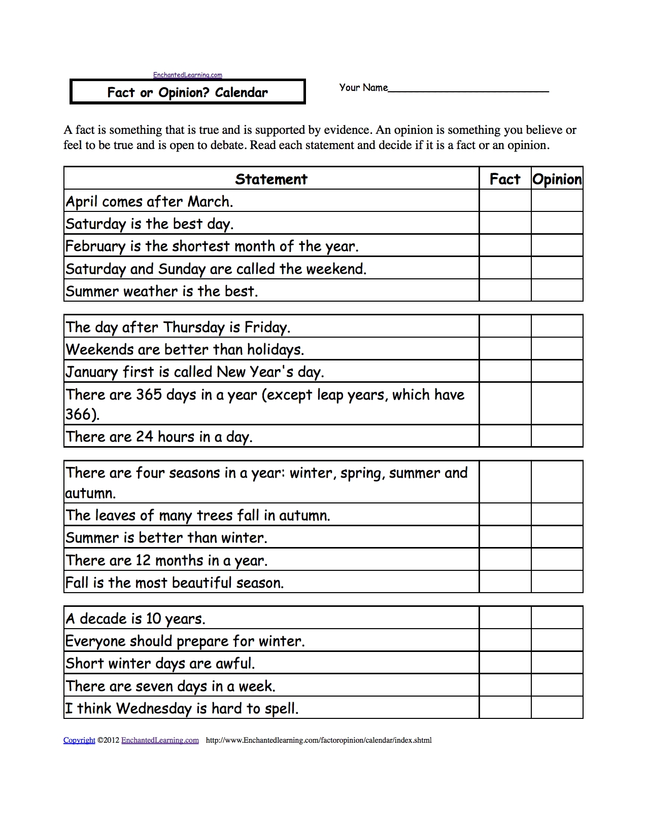 Time And Calendar Activities At Enchantedlearning