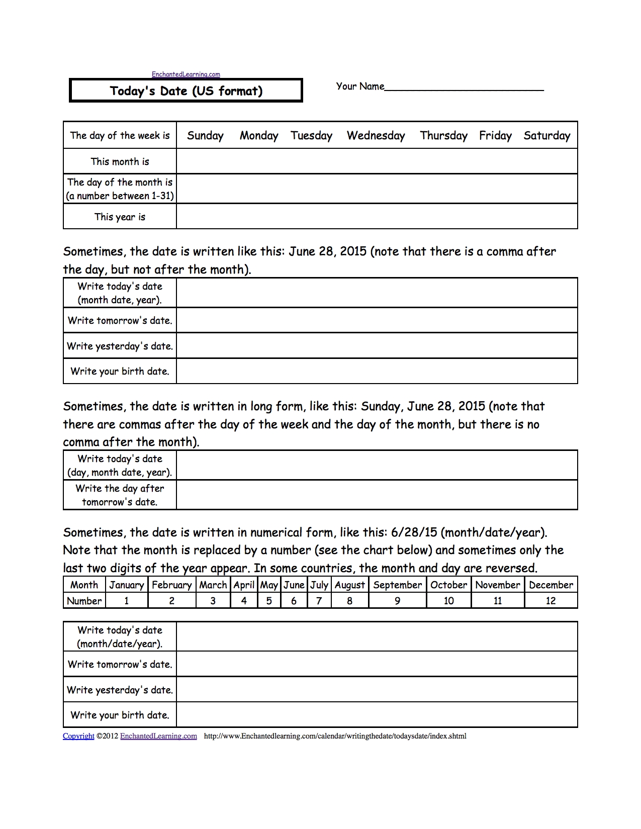 Today&#039;s Date (Us Format), A Calendar Worksheet