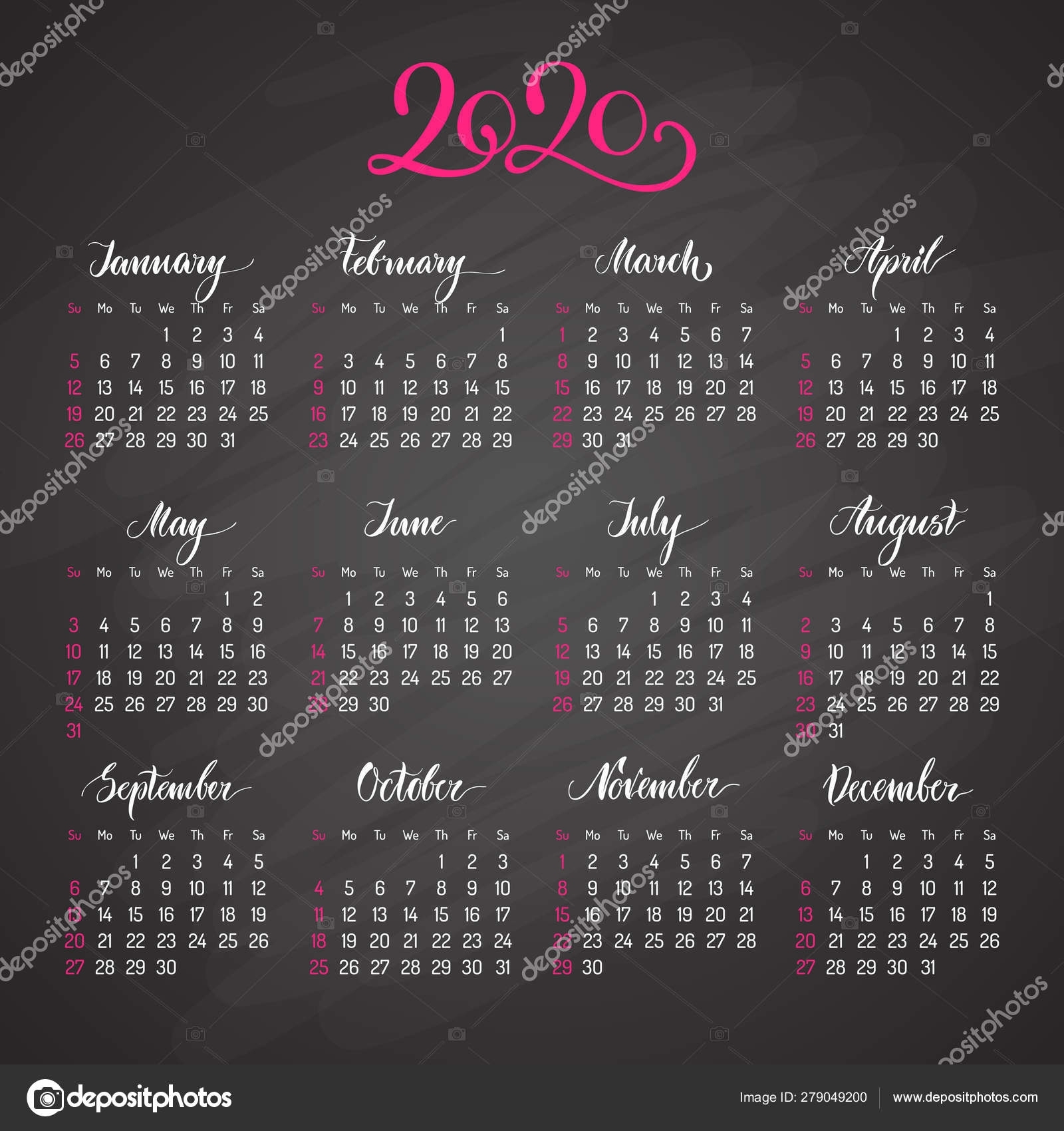 Traditional View Calendar Layout For 2020 Year — Stock