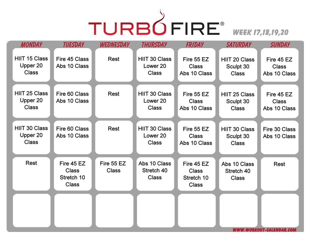 Turbo Fire Schedule Weeks 17-20 | Workout Calendar, Home