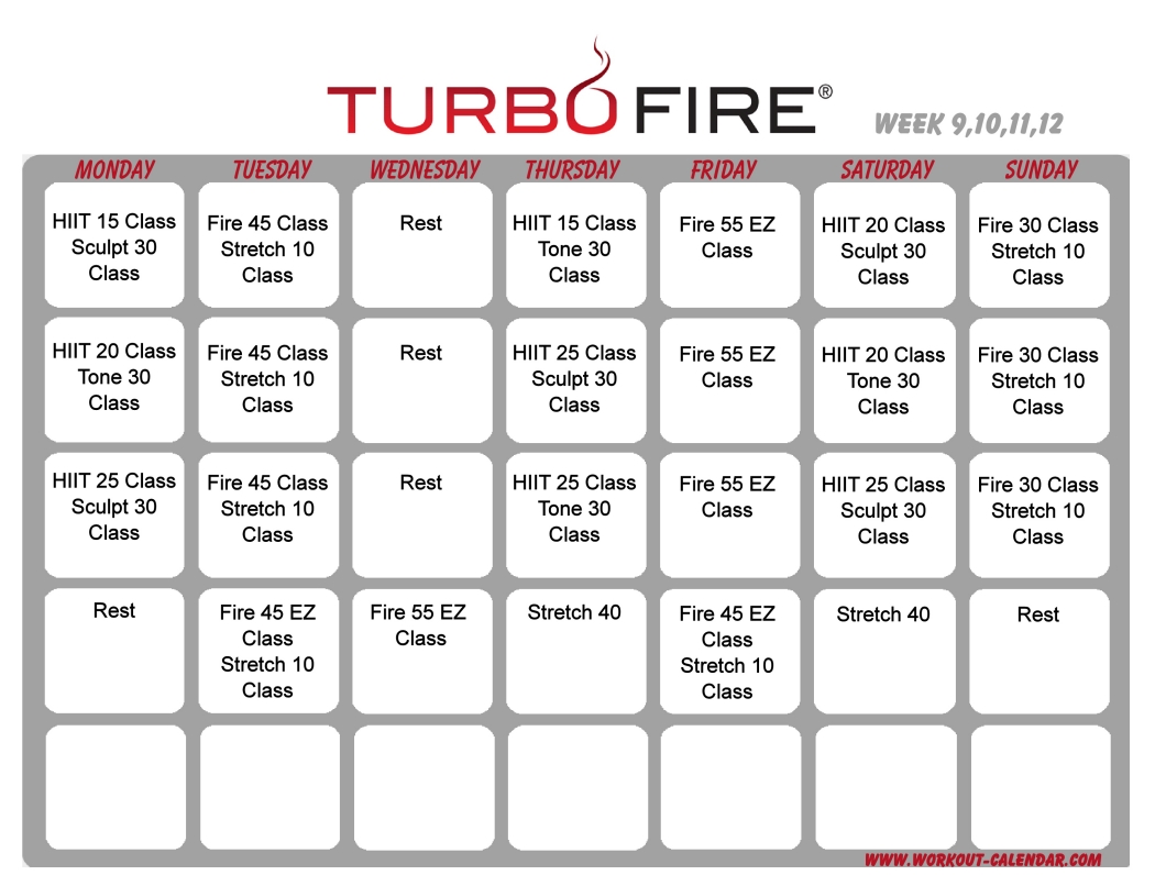 Turbo Fire Schedule Weeks 9-12 | Workout Calendar, Home