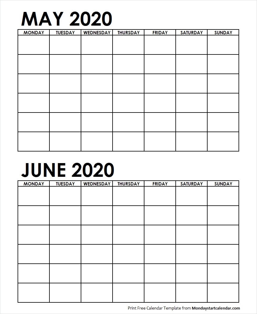 Two Month May June 2020 Calendar Blank | Two Months Template