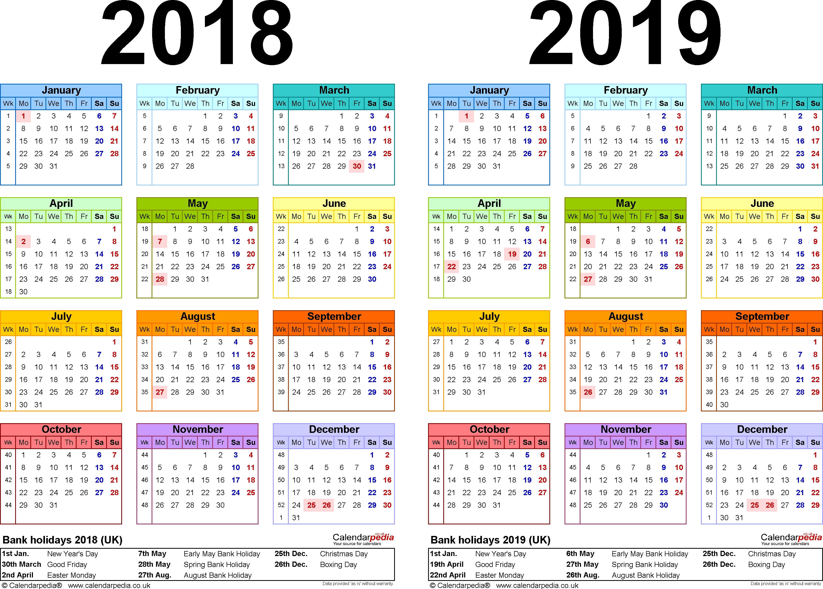 Two Year Calendars For 2018 &amp; 2019 (Uk) For Word
