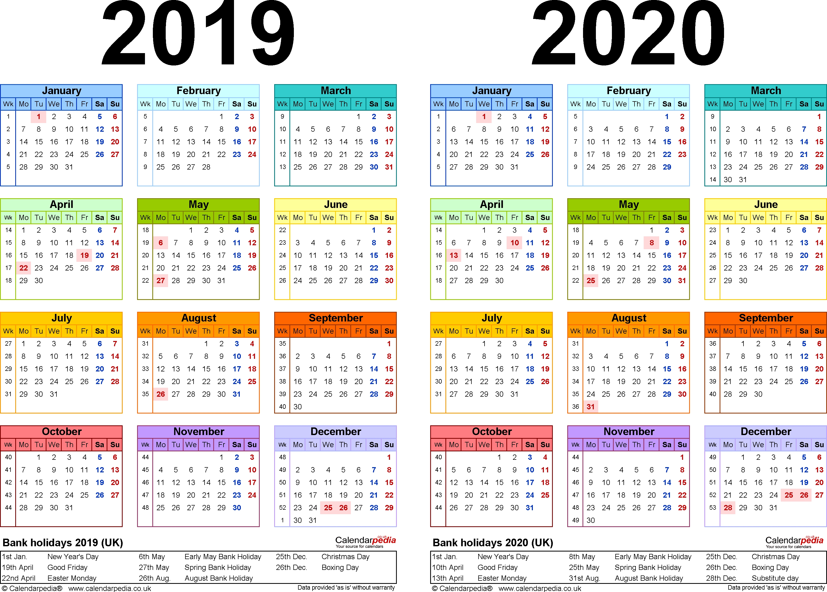 Two Year Calendars For 2019 &amp; 2020 (Uk) For Excel