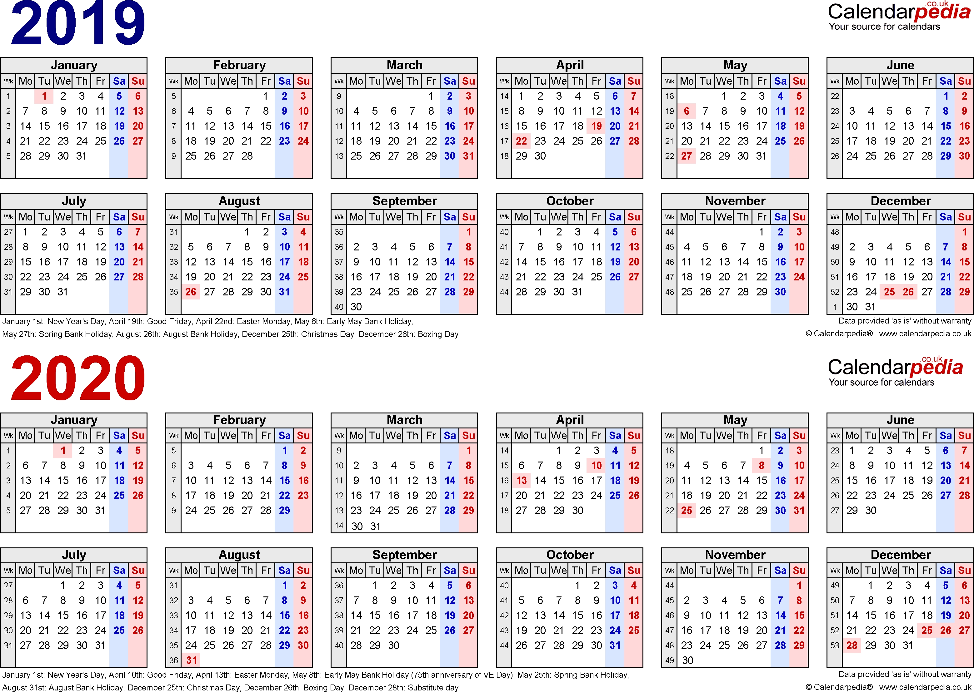 Two Year Calendars For 2019 &amp; 2020 (Uk) For Excel