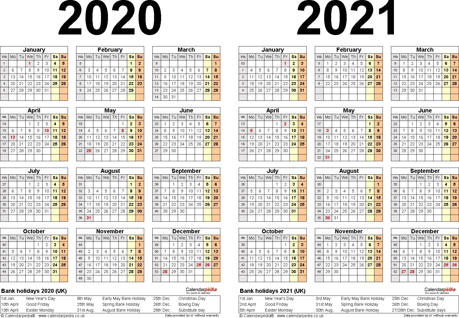 Two Year Calendars For 2020 &amp; 2021 (Uk) For Excel