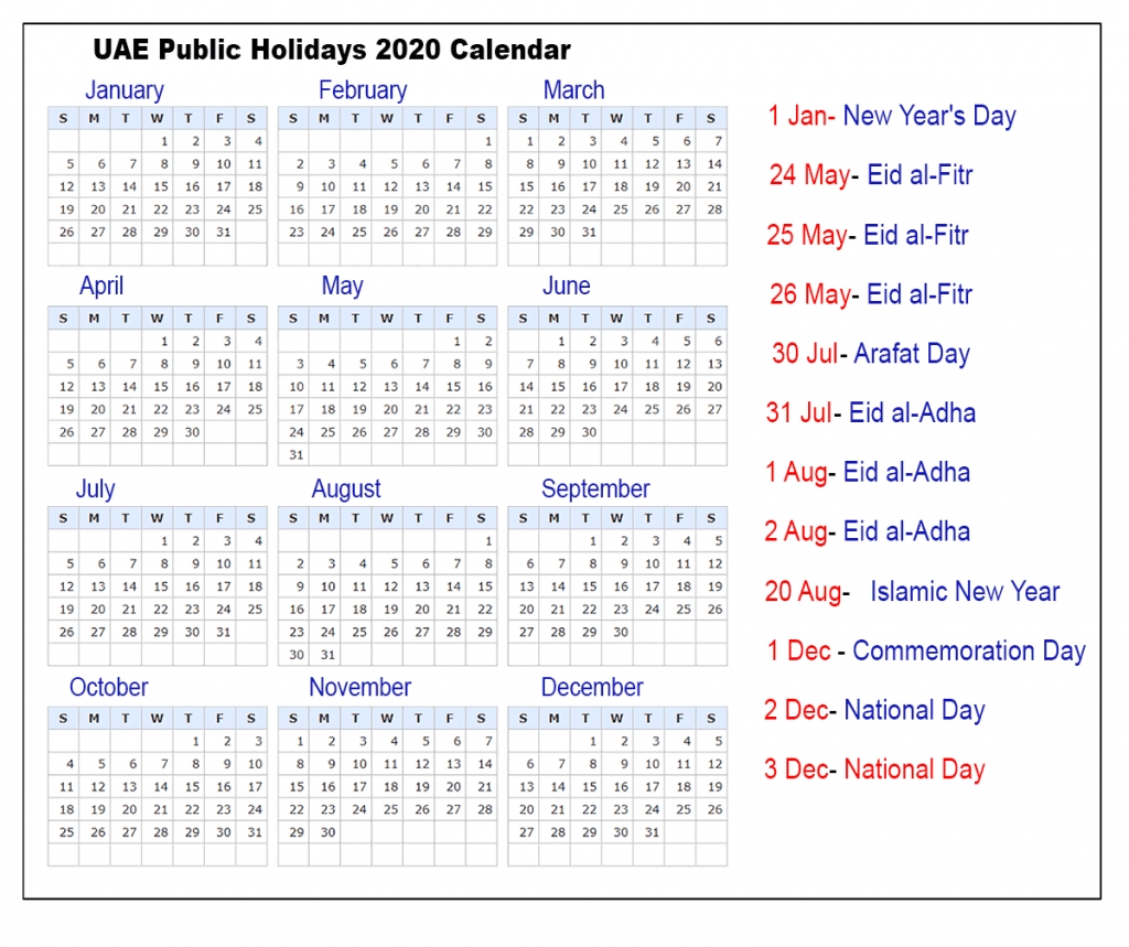 Printable Calendar Uae 2020 Month Calendar Printable