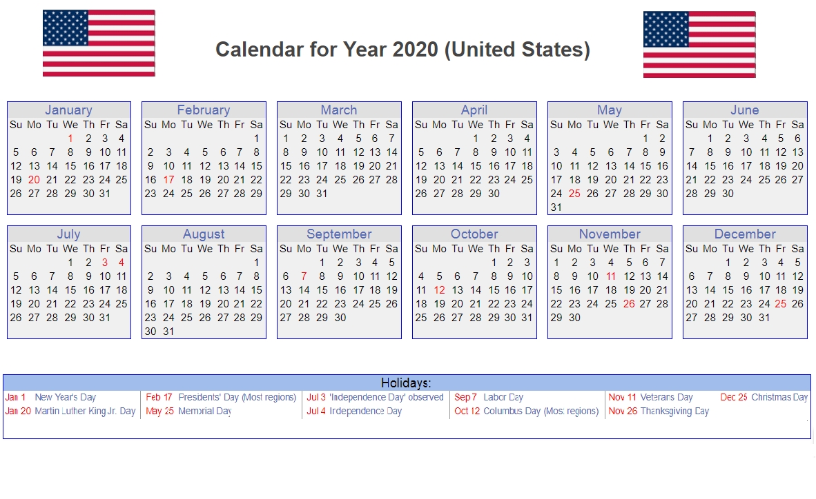 Us 2020 Holidays Calendar | 2020 Calendars | Yearly Calendar